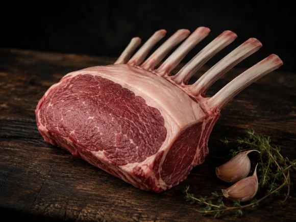 Carré d'agneau cru sur un plan de travail en bois
