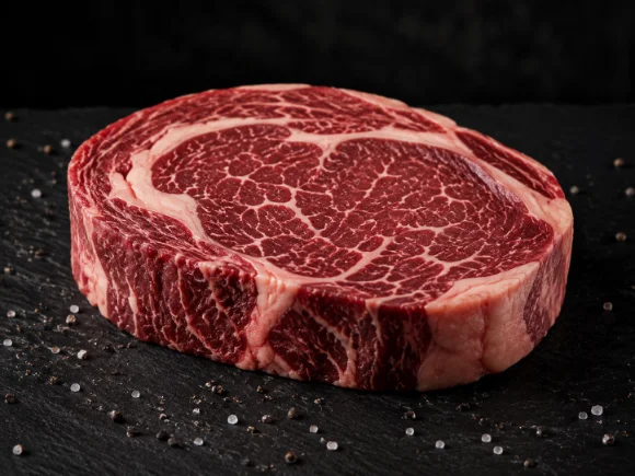 Entrecôte de bœuf crue posée sur une ardoise